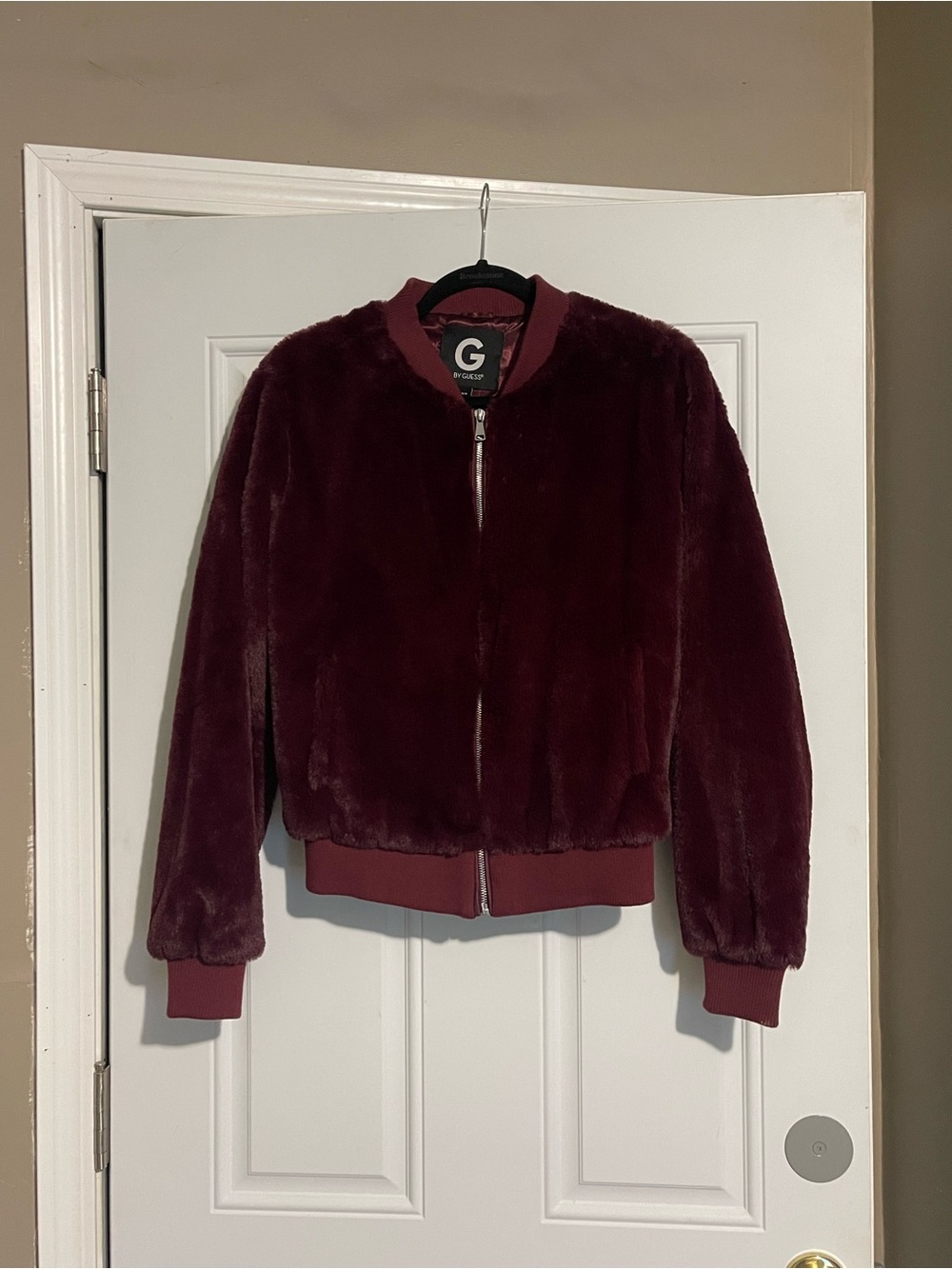 G by GUESS Burgundy Faux Fur Bomber Jacket
